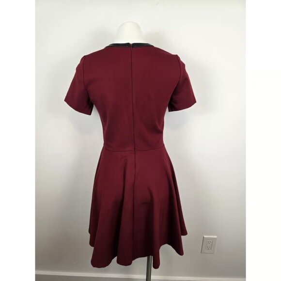 Madewell Burgundy Fit and Flare Dress Black Leather Trim Size Medium - Picture 2 of 8